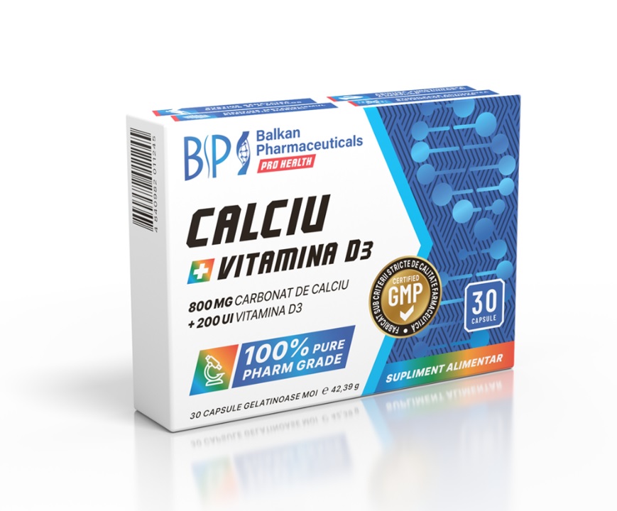 Balkan Pharmaceuticals Calciu + Vitamina D3 – capsule cu continut de carbonat (compoziția sa conține 40% calciu elementar) și vitamina D3 (colecalciferol), care favorizează absorbția calciului în intestine și depozitarea acestuia în oase - 30cps